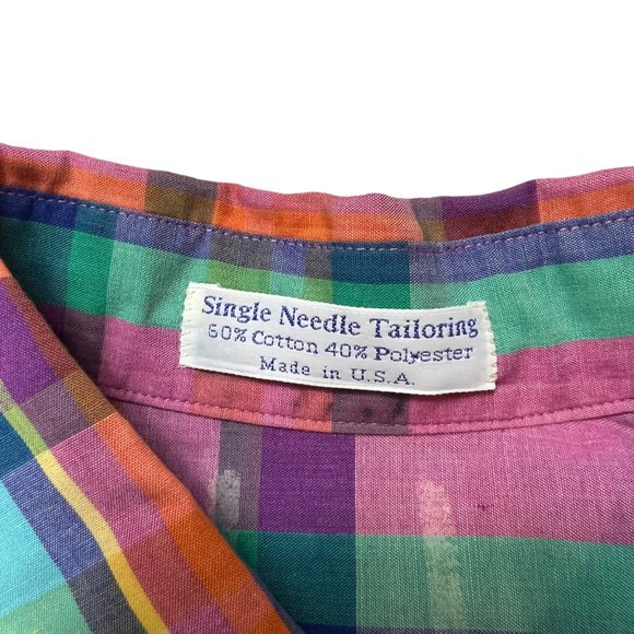 Vintage Single Needle Tailoring Shirt Mens Large Pink Plaid Button Front - Picture 4 of 11